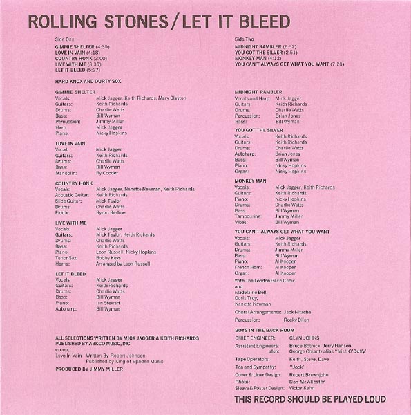 Inner Sleeve, Rolling Stones (The) - Let It Bleed